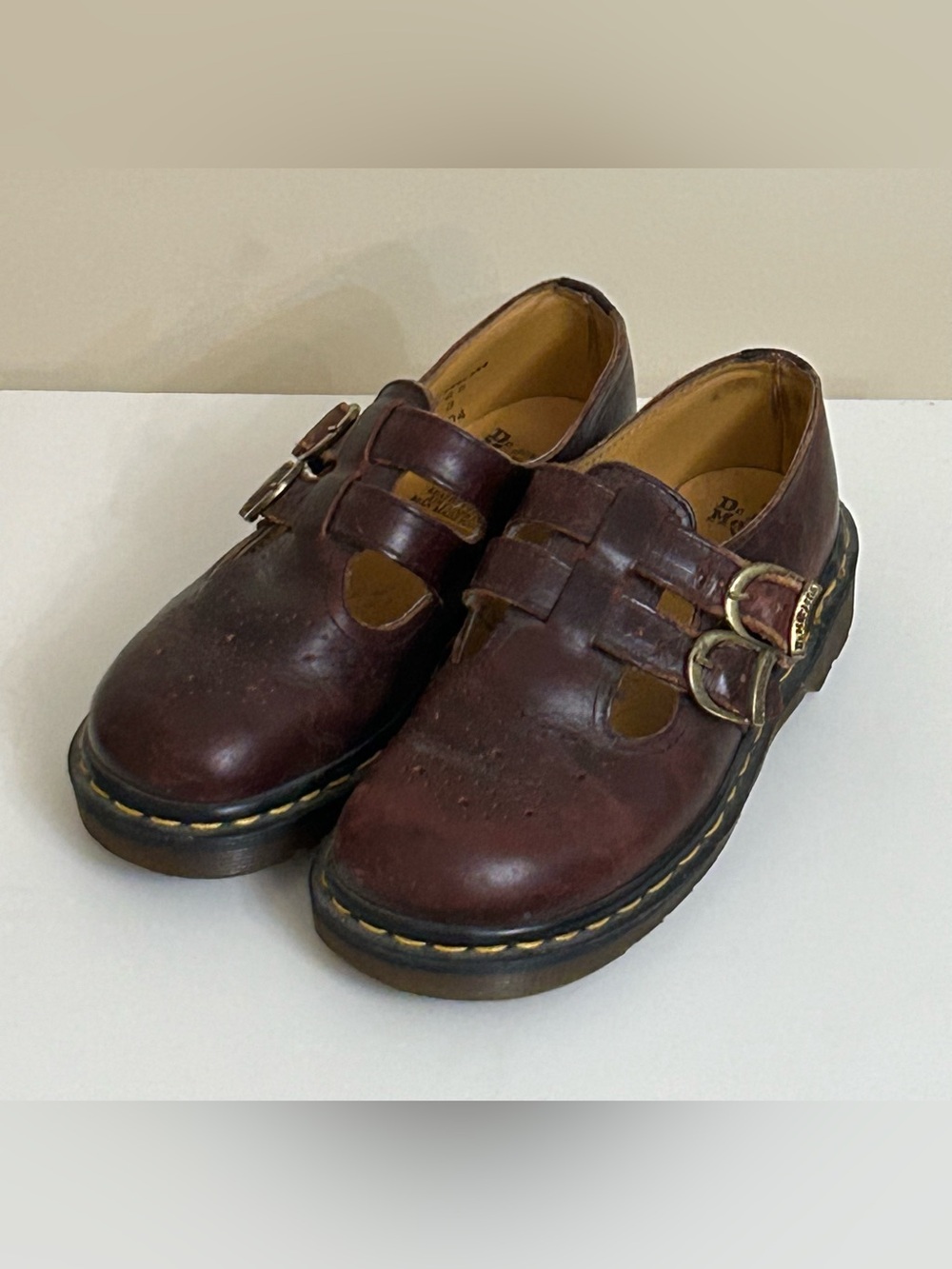 True Vintage Y2K 1990's Dr. Martens Burgundy Leather Mary Janes Yellow Stitching